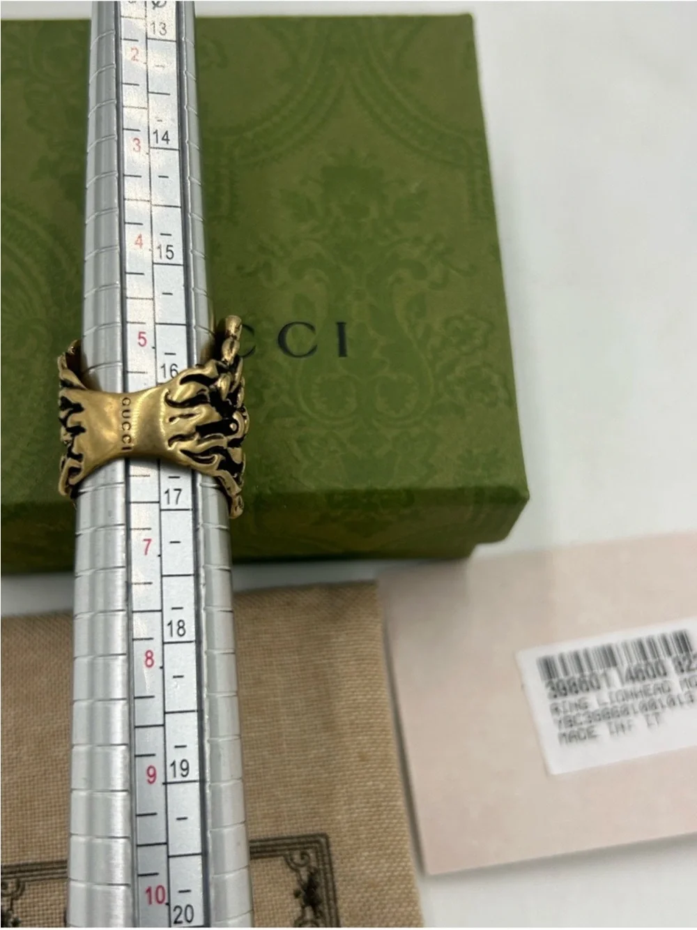 Unisex Gucci, iconic Lionhead ring, gold tone, brass finish size 6, made Italy